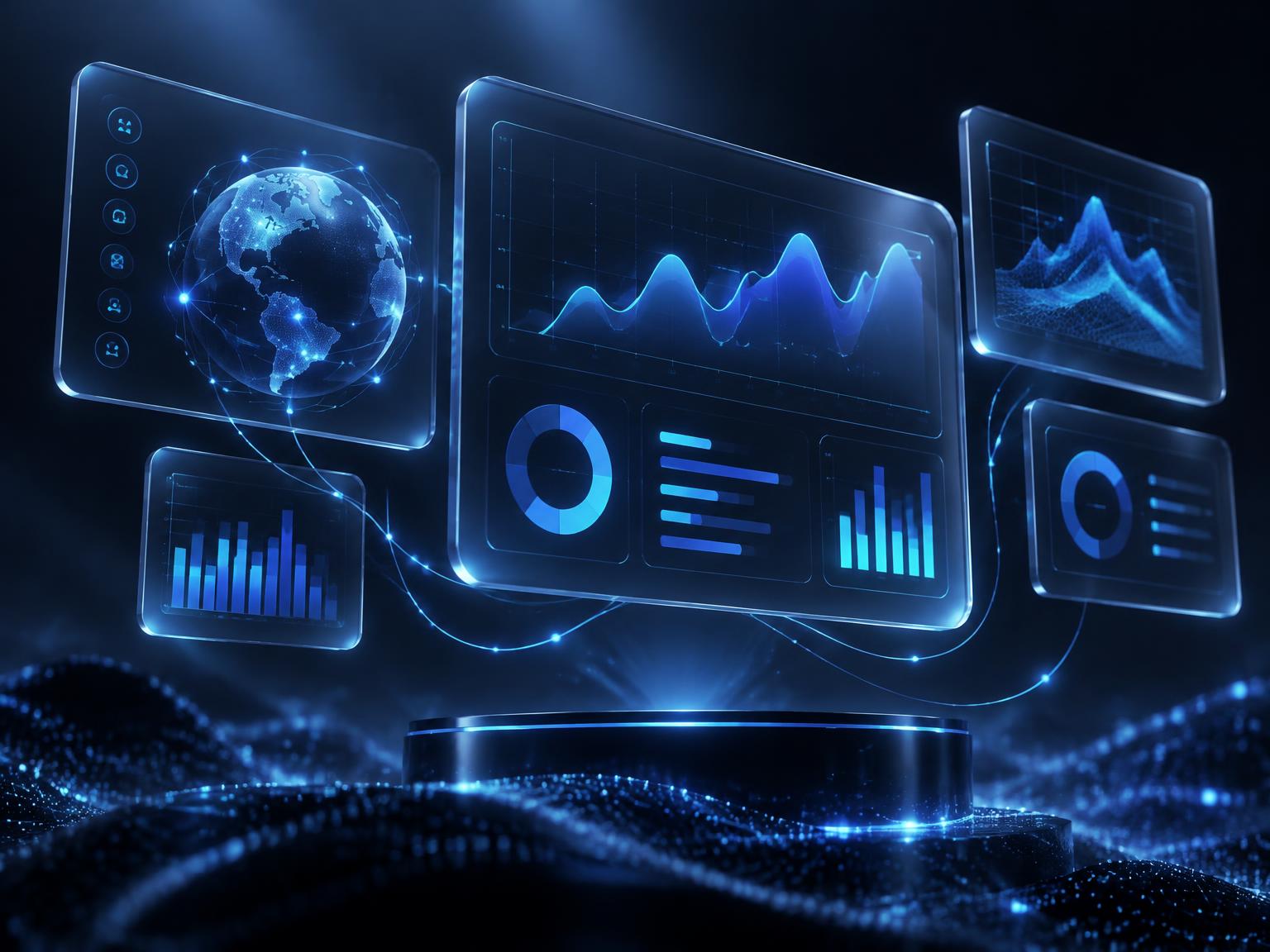 Illustration of connected web dashboards, a mobile app and an AI network